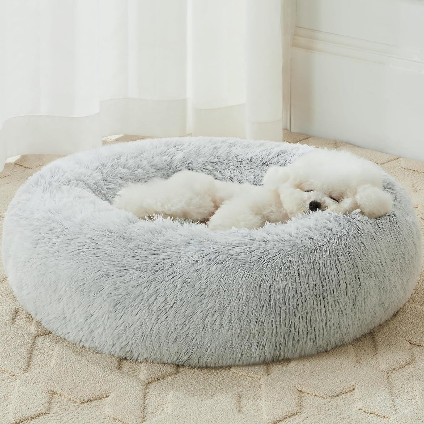 Calming Dog Bed & Cat Bed, Anti-Anxiety Donut Small Dog Bed, Fluffy Faux Fur Cat Cushion Dog Bed for Small Dogs and Cats (24 X 24 Inch, Light Grey)