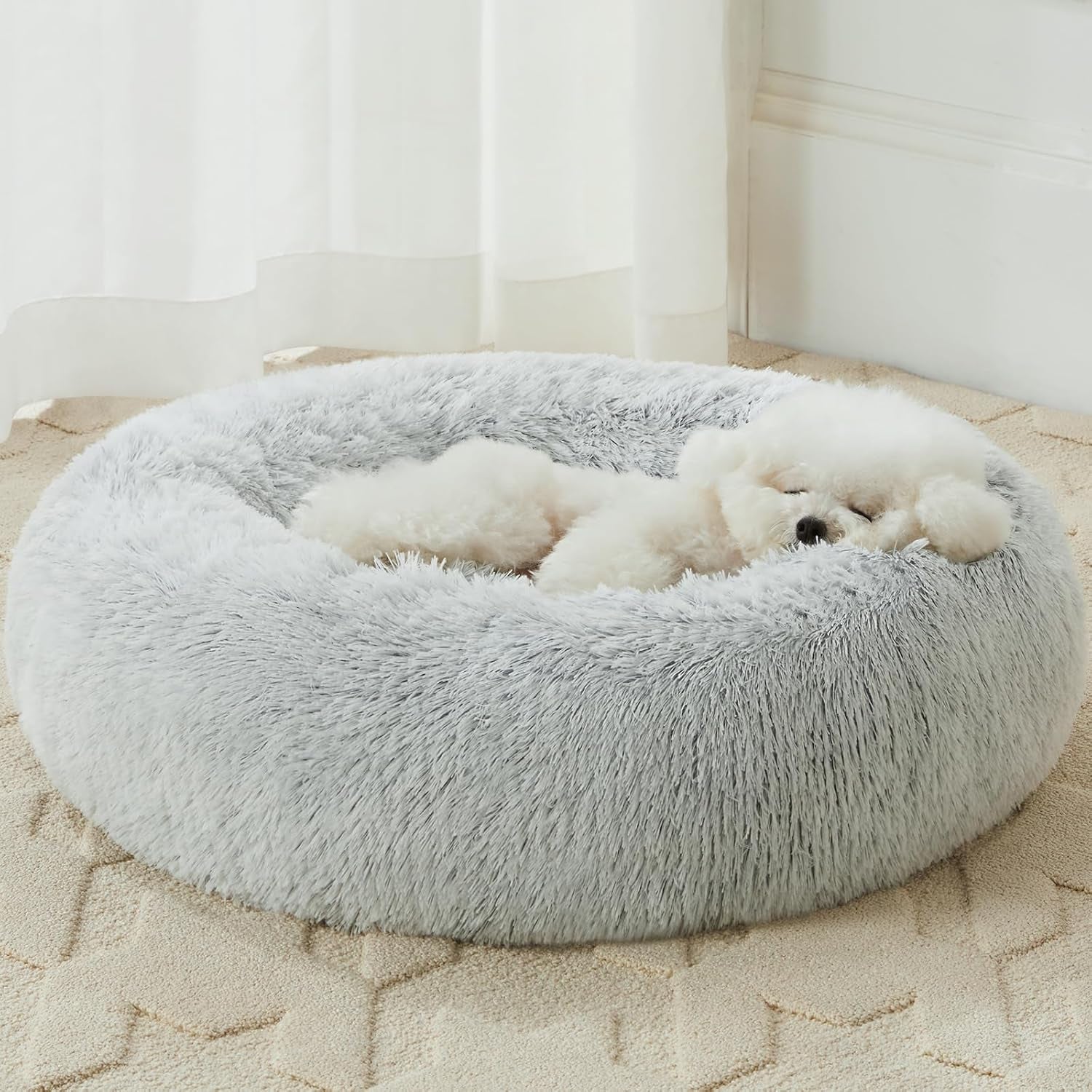 Calming Dog Bed & Cat Bed, Anti-Anxiety Donut Small Dog Bed, Fluffy Faux Fur Cat Cushion Dog Bed for Small Dogs and Cats (24 X 24 Inch, Light Grey)