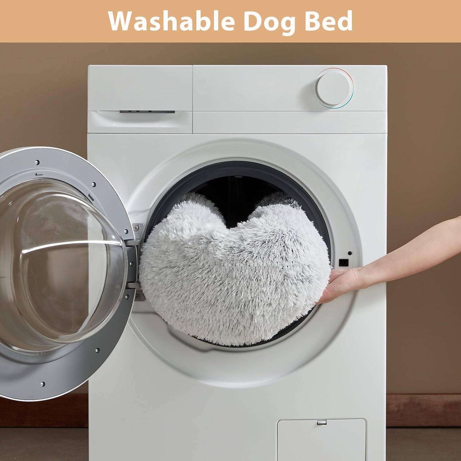 Calming Dog Bed & Cat Bed, Anti-Anxiety Donut Small Dog Bed, Fluffy Faux Fur Cat Cushion Dog Bed for Small Dogs and Cats (24 X 24 Inch, Light Grey)