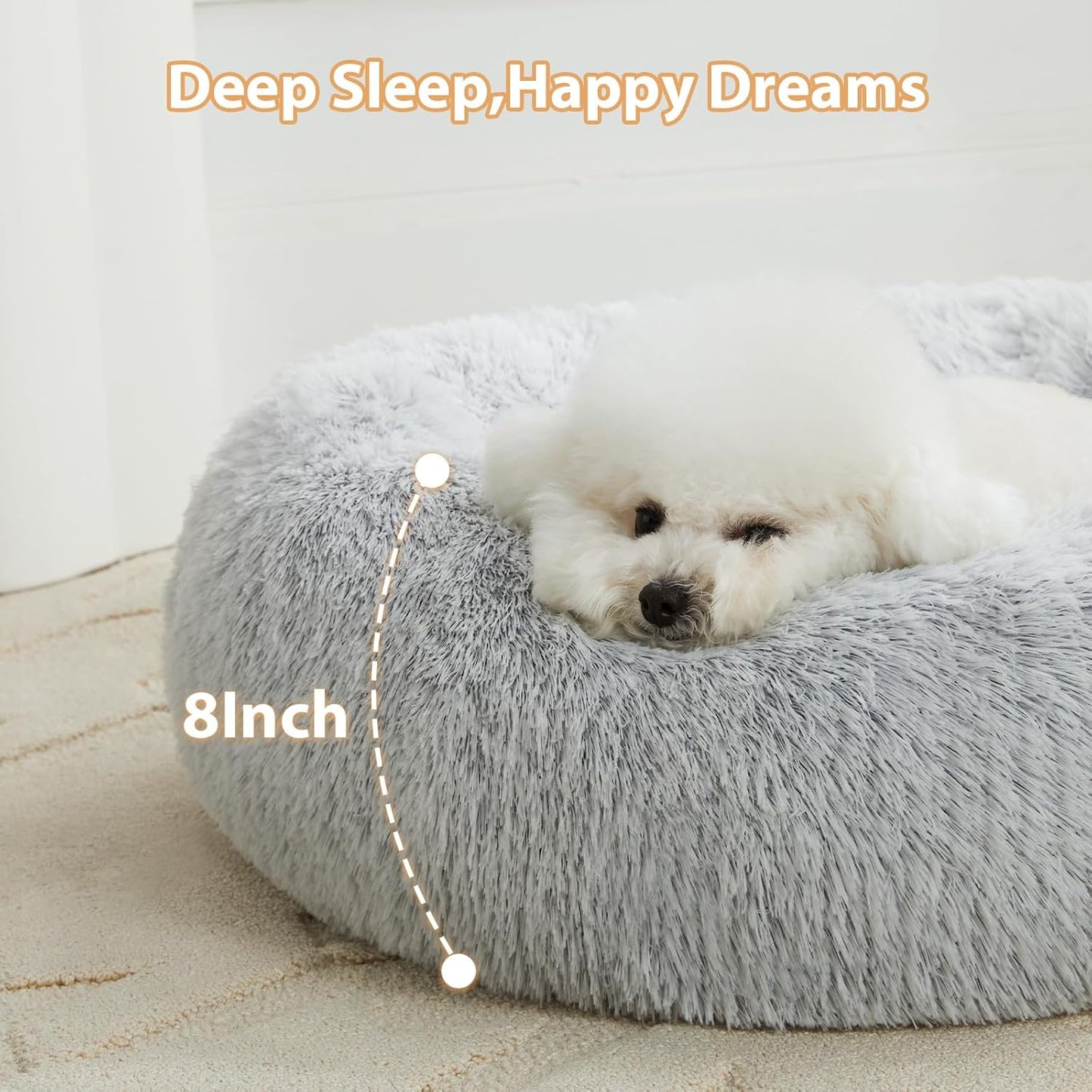 Calming Dog Bed & Cat Bed, Anti-Anxiety Donut Small Dog Bed, Fluffy Faux Fur Cat Cushion Dog Bed for Small Dogs and Cats (24 X 24 Inch, Light Grey)