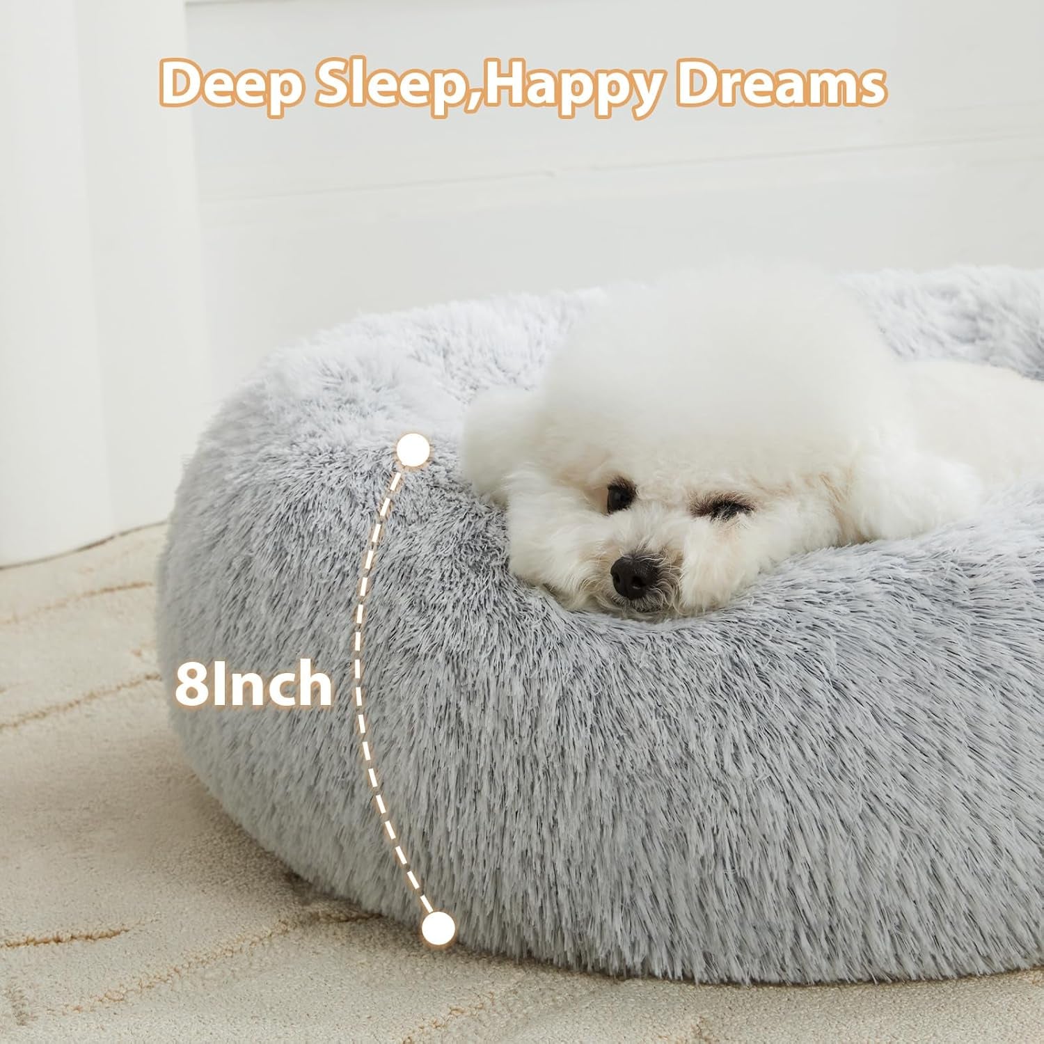 Calming Dog Bed & Cat Bed, Anti-Anxiety Donut Small Dog Bed, Fluffy Faux Fur Cat Cushion Dog Bed for Small Dogs and Cats (24 X 24 Inch, Light Grey)